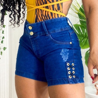 Short Jeans Feminino Cintura Alta Acabamento em ILhós XX