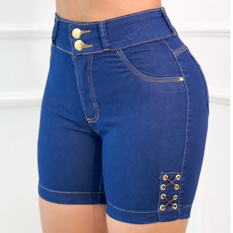 Short Jeans Feminino Cintura Alta Acabamento em ILhós XX