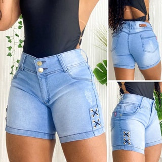 Short Jeans Feminino Cintura Alta Acabamento em ILhós XX