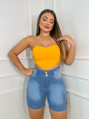 Short Jeans Feminino Cintura Alta Acabamento em ILhós XX