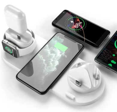 Estação de Carregamento Sem Fio 6 em 1 dispositivos iPhone, Android, Type-C, Apple Watch e Airpods Pro