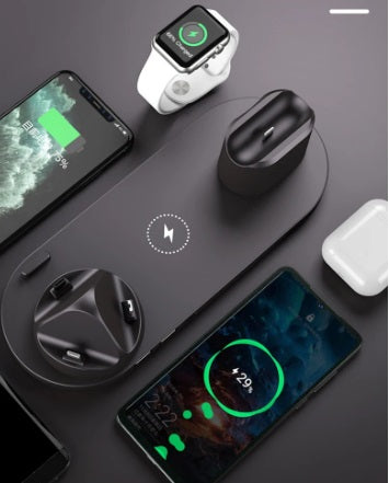 Estação de Carregamento Sem Fio 6 em 1 dispositivos iPhone, Android, Type-C, Apple Watch e Airpods Pro
