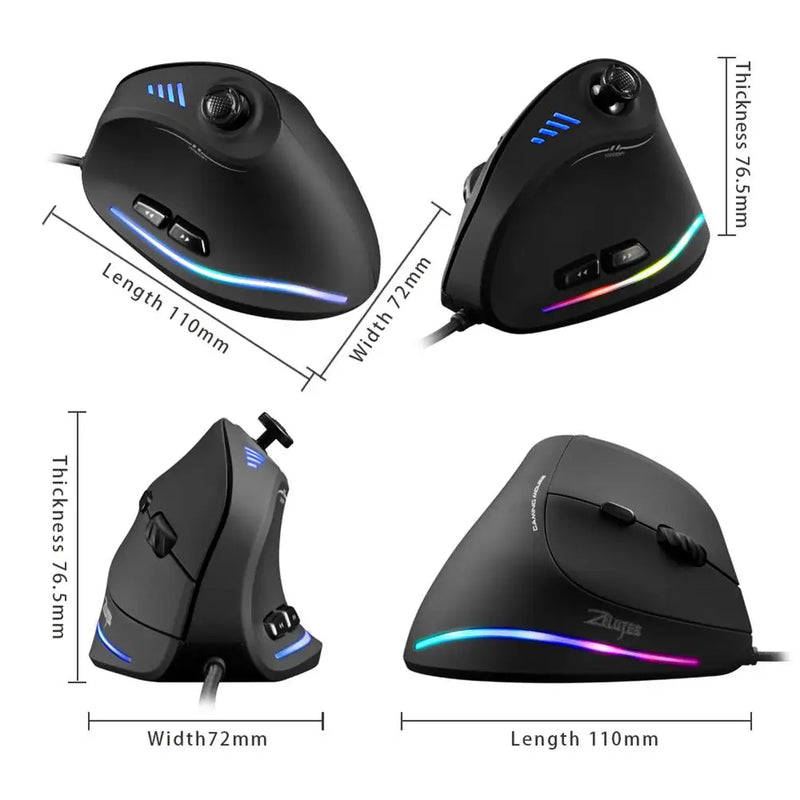 Mouse Vertical Gaming ZELOTES Programável USB com Fio RGB