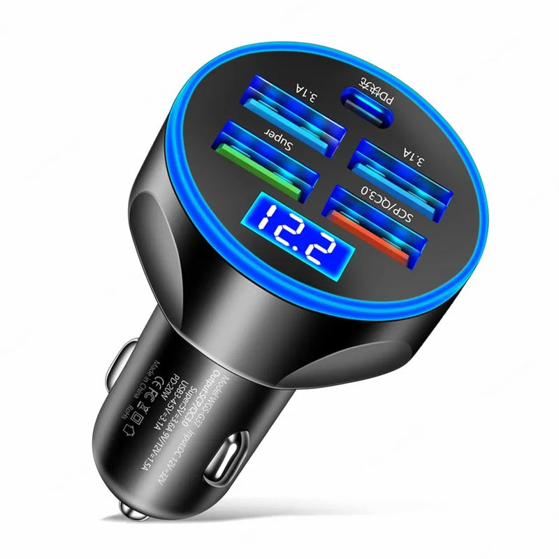 🔌 Carregador de Carro 4 USB PD 250W com Display Digital