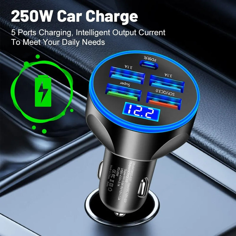 🔌 Carregador de Carro 4 USB PD 250W com Display Digital