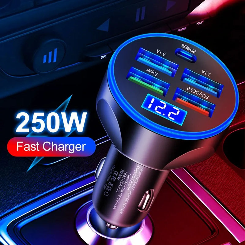 🔌 Carregador de Carro 4 USB PD 250W com Display Digital