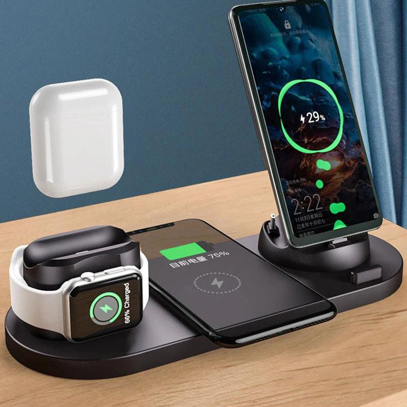 Estação de Carregamento Sem Fio 6 em 1 dispositivos iPhone, Android, Type-C, Apple Watch e Airpods Pro