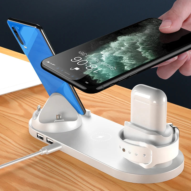 Estação de Carregamento Sem Fio 6 em 1 dispositivos iPhone, Android, Type-C, Apple Watch e Airpods Pro