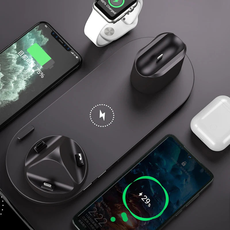 Estação de Carregamento Sem Fio 6 em 1 dispositivos iPhone, Android, Type-C, Apple Watch e Airpods Pro