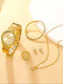 relógio de pulseira de aço de quartzo + colar + brincos + anel + pulseira