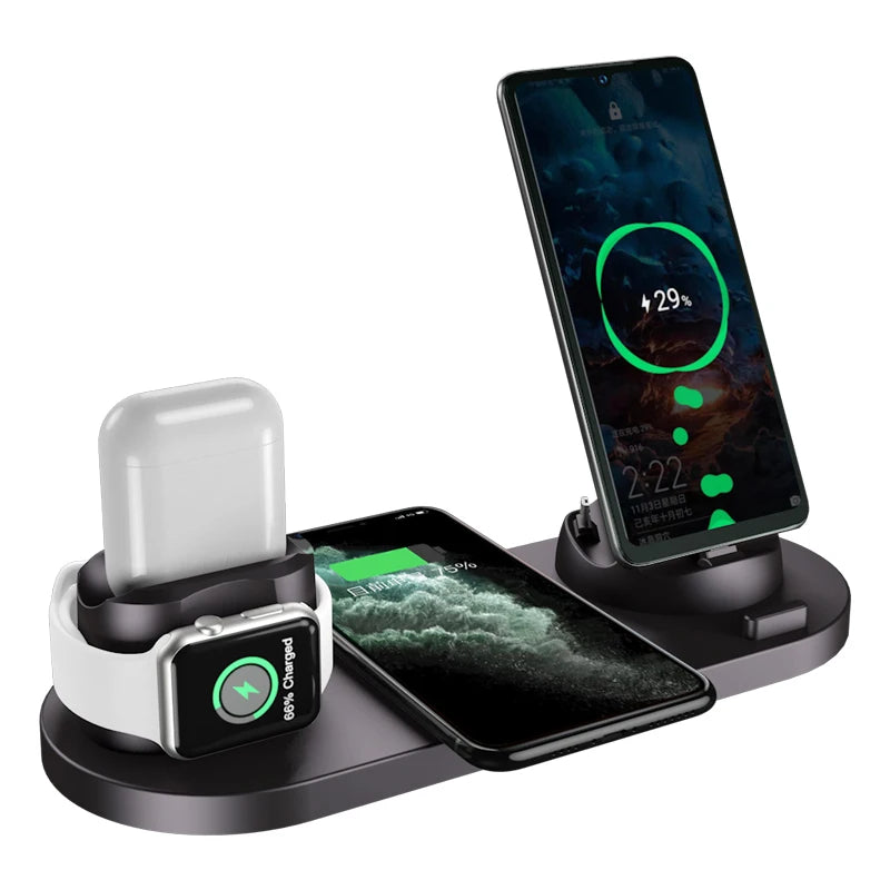 Estação de Carregamento Sem Fio 6 em 1 dispositivos iPhone, Android, Type-C, Apple Watch e Airpods Pro