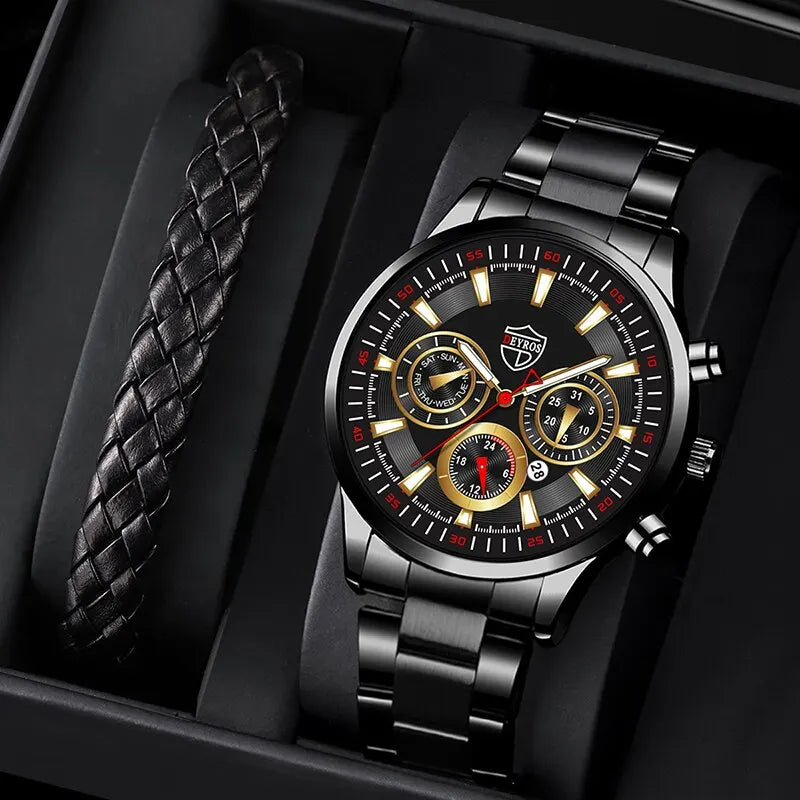 Relógios Masculinos Negócios Aço Inoxidável Quartzo Pulseira Assista Masculino Casual Date Pulseira de Couro Luminoso
