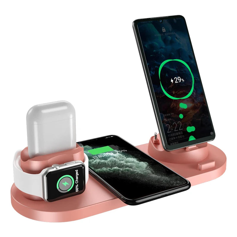 Estação de Carregamento Sem Fio 6 em 1 dispositivos iPhone, Android, Type-C, Apple Watch e Airpods Pro
