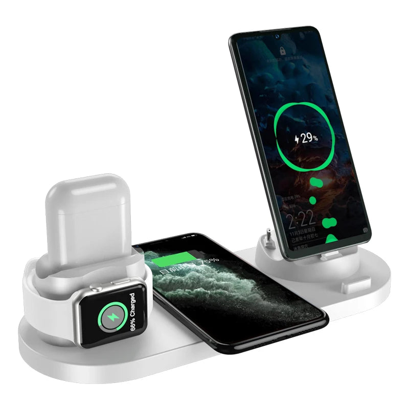 Estação de Carregamento Sem Fio 6 em 1 dispositivos iPhone, Android, Type-C, Apple Watch e Airpods Pro